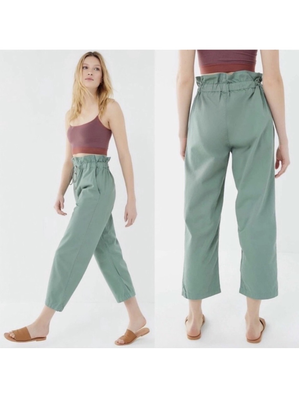 BKE Sage Green High-Rise Paperbag Wide Leg Pants